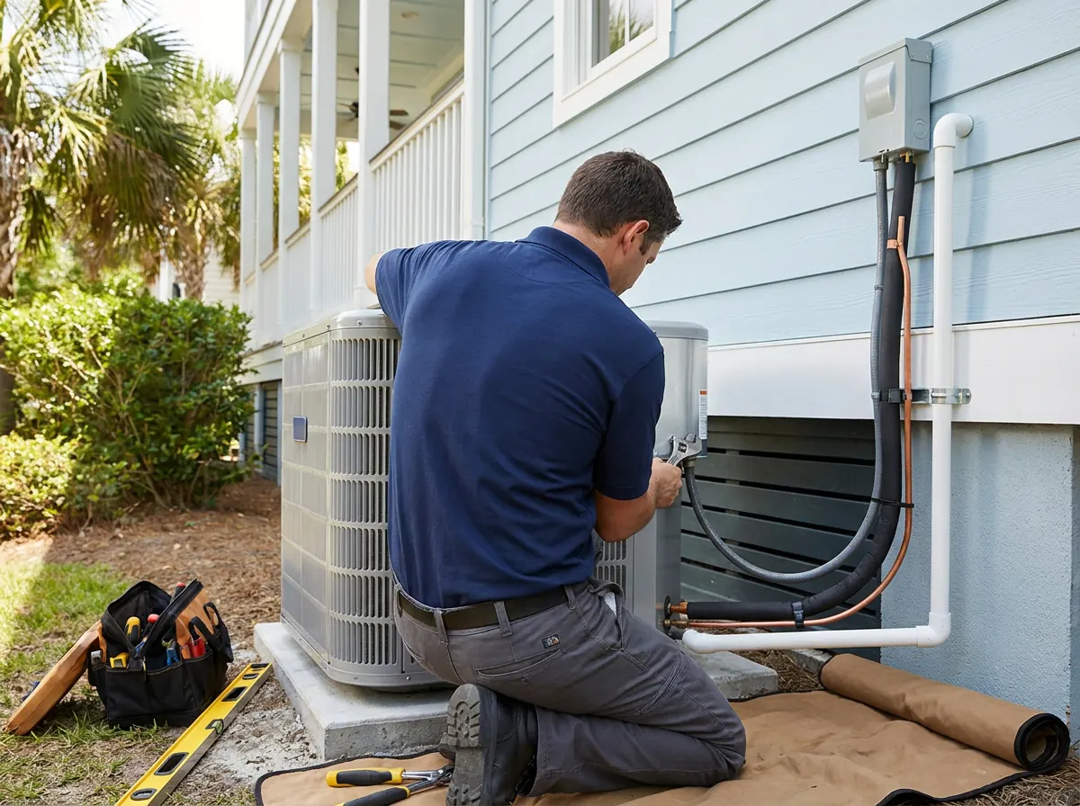 Clean central air-conditioning installation with new refrigerant lines beside a Charleston home.