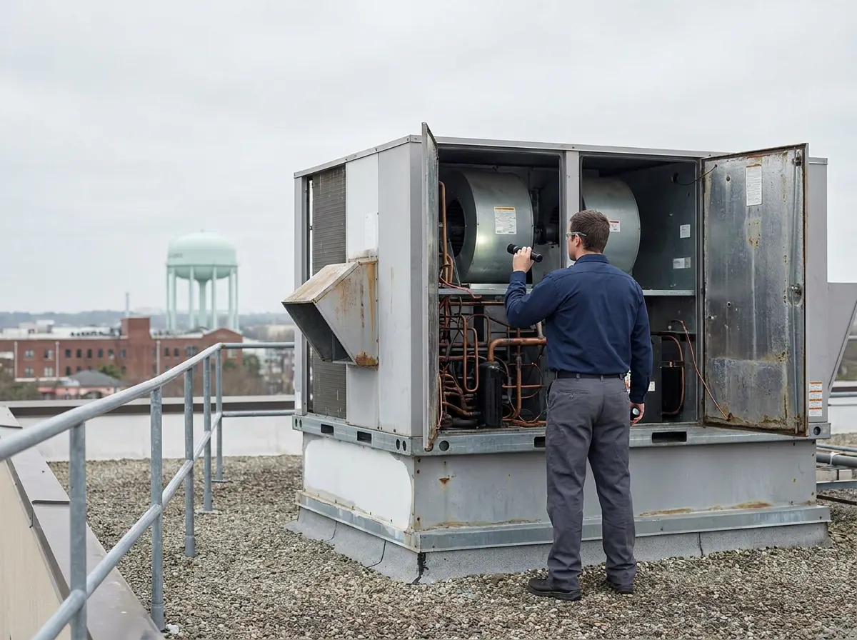 HVAC technician servicing a large commercial rooftop packaged unit.