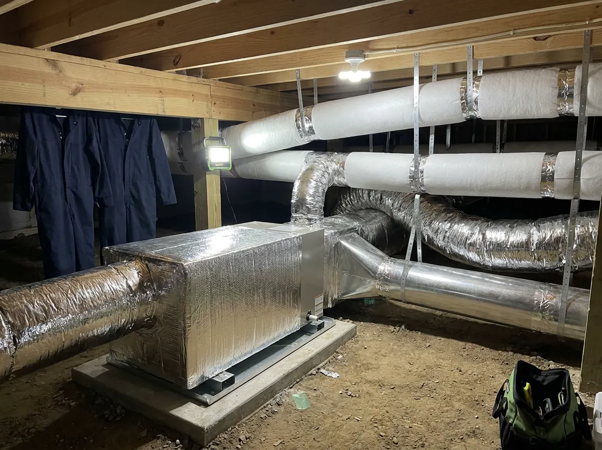 Clean, neatly installed residential HVAC ductwork and a silver air handler evaluated during a replacement assessment.