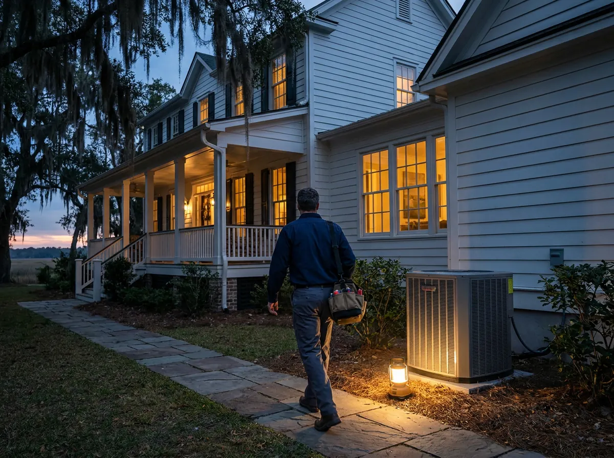 HVAC technician responding to an after-hours emergency service call at a Charleston home at dusk.