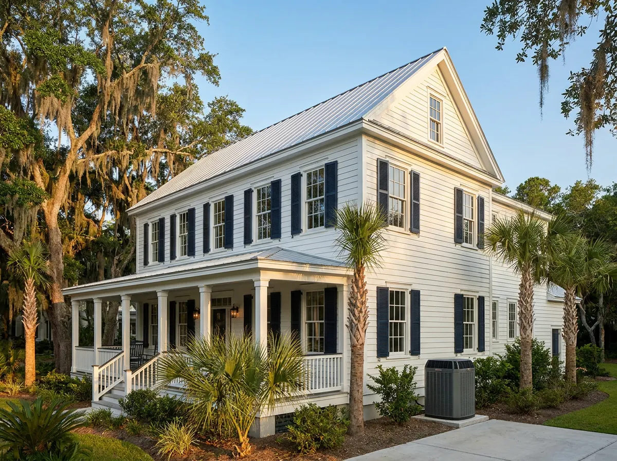 A classic Charleston Lowcountry home with a wide front porch and palms, served by Liberty Mechanical Heating and Air.