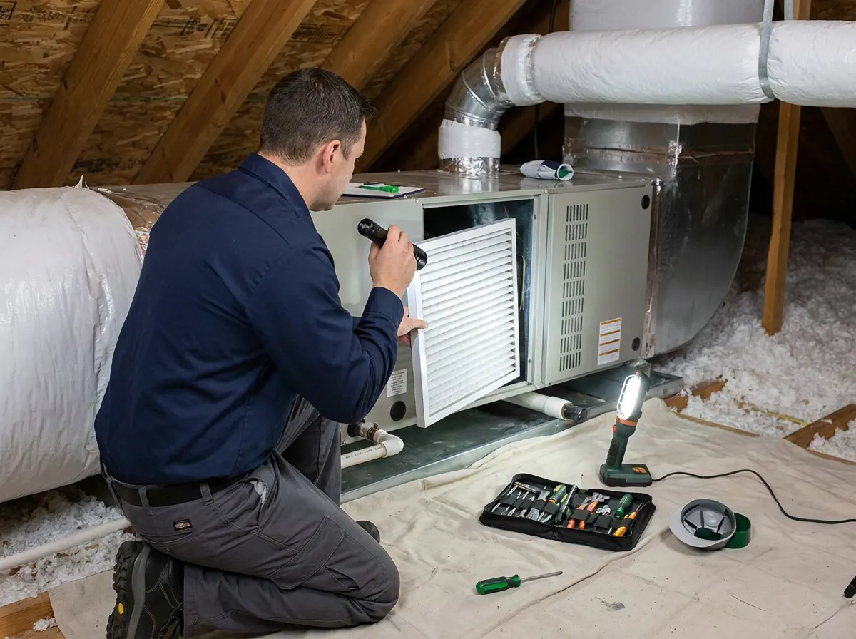 HVAC technician performing a preventive-maintenance inspection on an indoor air handler.