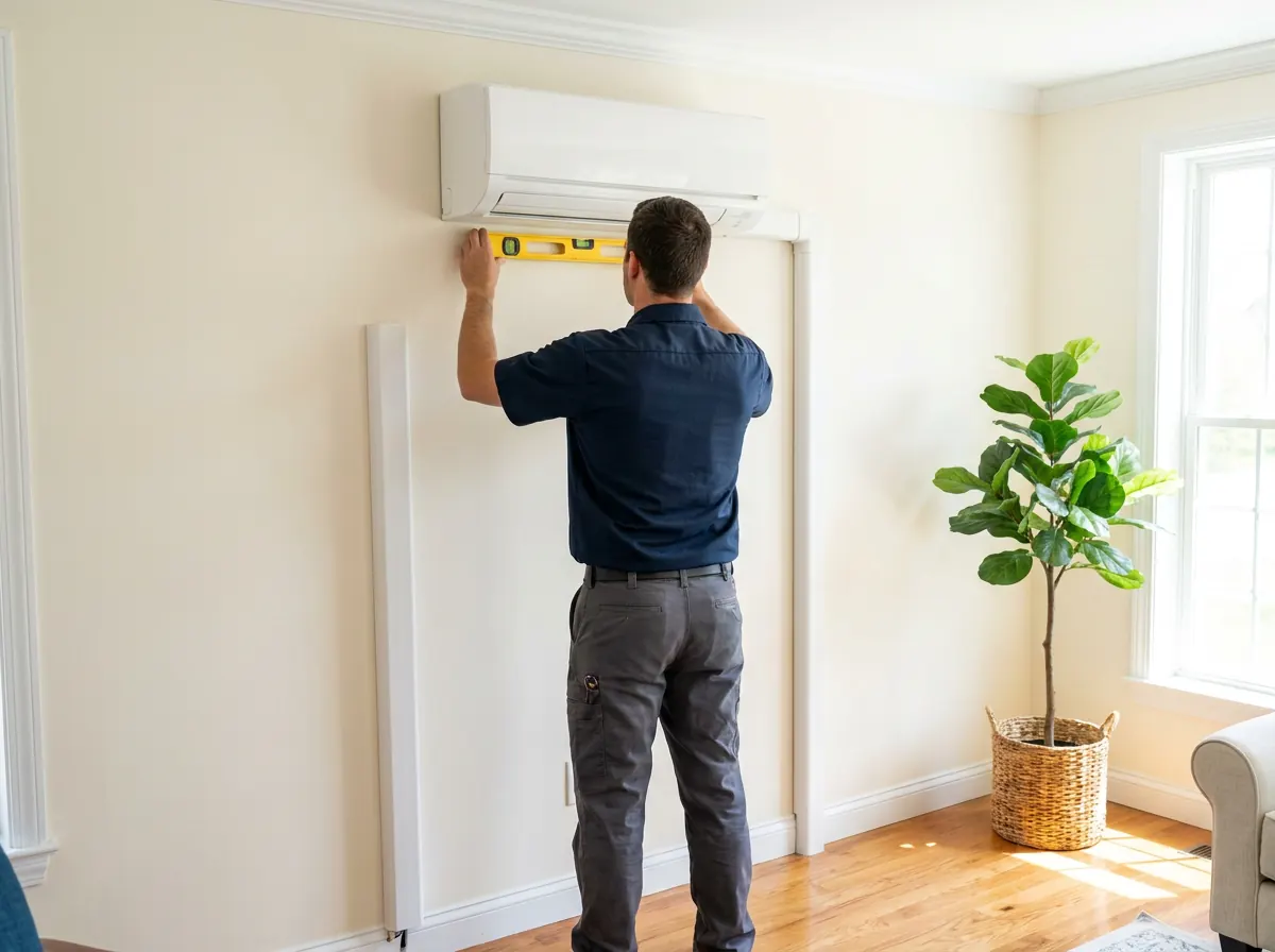 A finished ductless mini-split installation with a wall-mounted indoor air handler neatly mounted in a Charleston home.