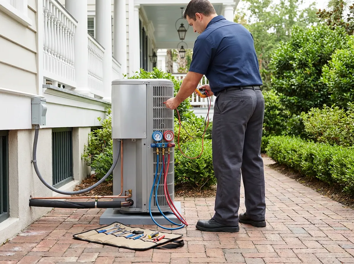 HVAC technician diagnosing a residential heat-pump condenser with a multimeter and manifold gauges.