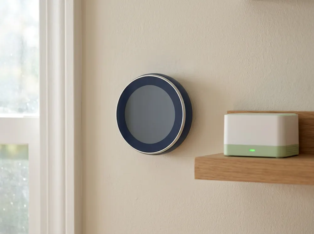 A modern smart thermostat and indoor air-quality monitor checked during a preventive-maintenance visit.